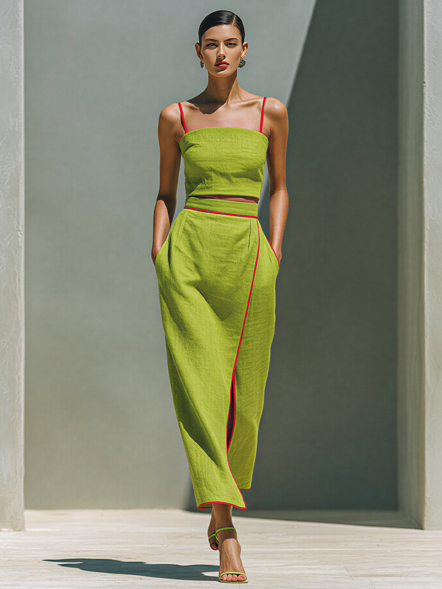 Linen Two-Piece Set Women's Summer Crop Top and High-Waisted Midi Skirt with Red Trim Strappy Sleeveless Outfit