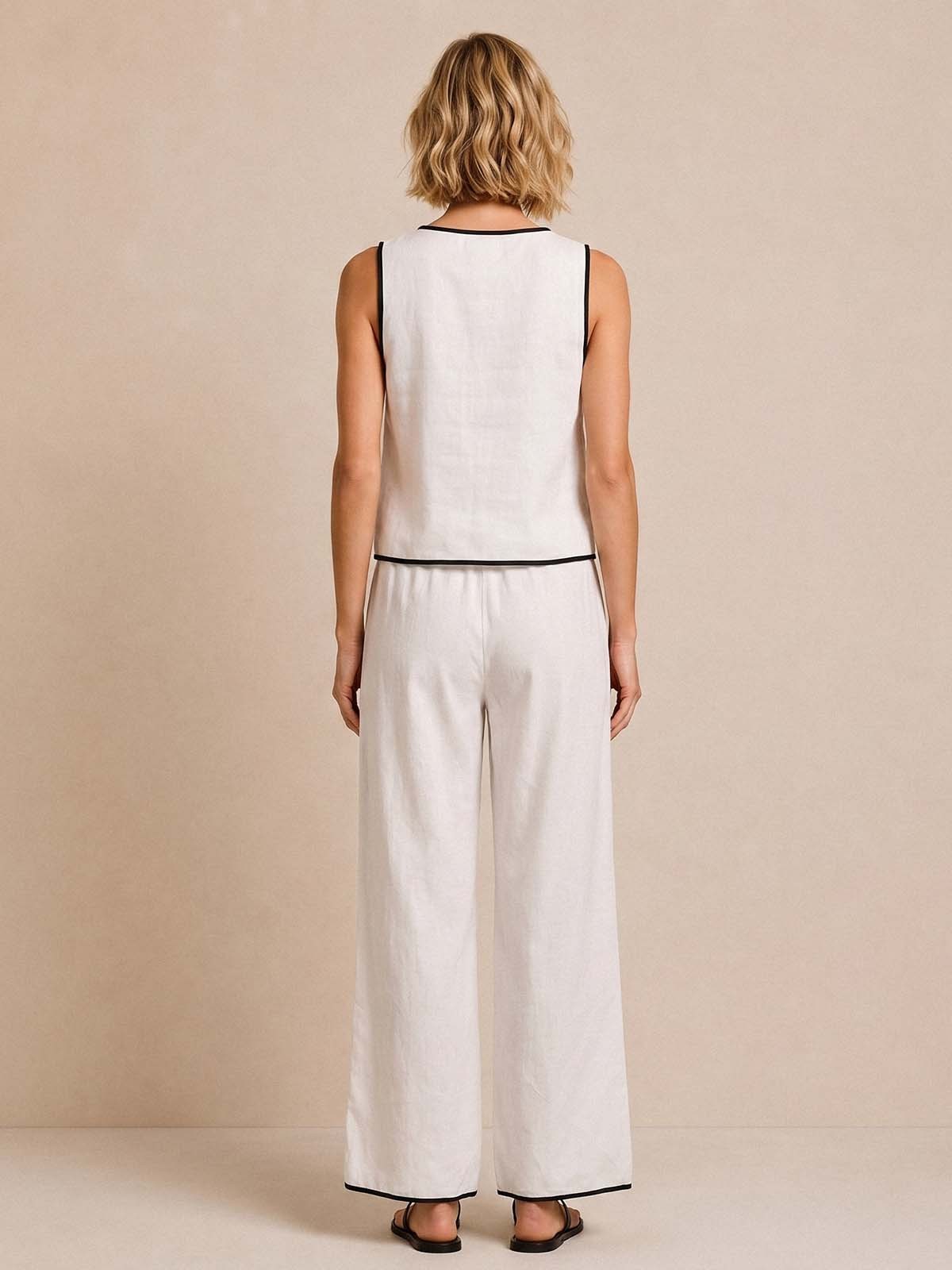 Contrast Trim Top and Wide Leg Pants Set