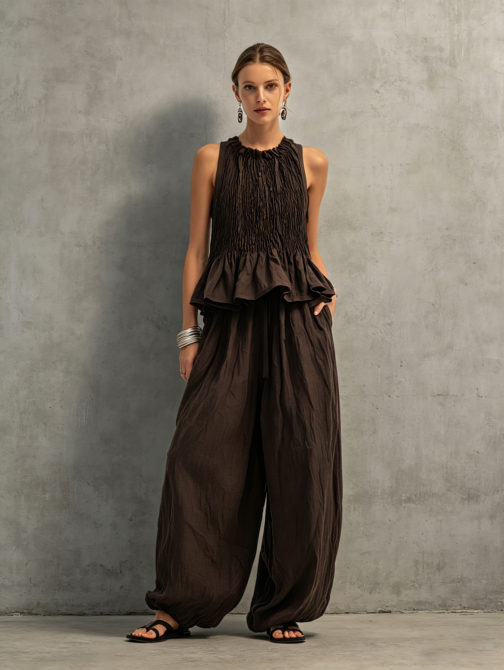 Linen Sleeveless Ruched Peplum Top and Wide Leg Pants Set for Women Boho Style Summer Outfit