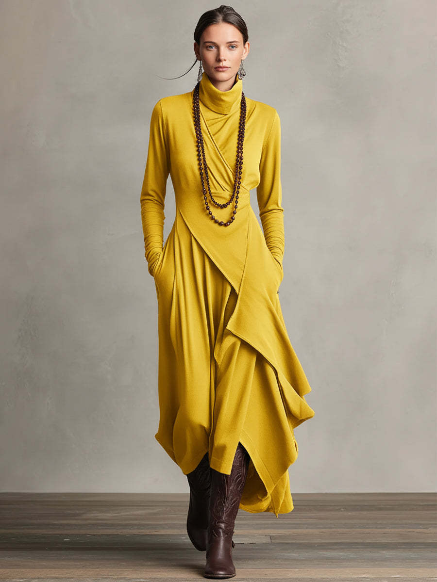 Asymmetric Draped Turtleneck Midi Dress