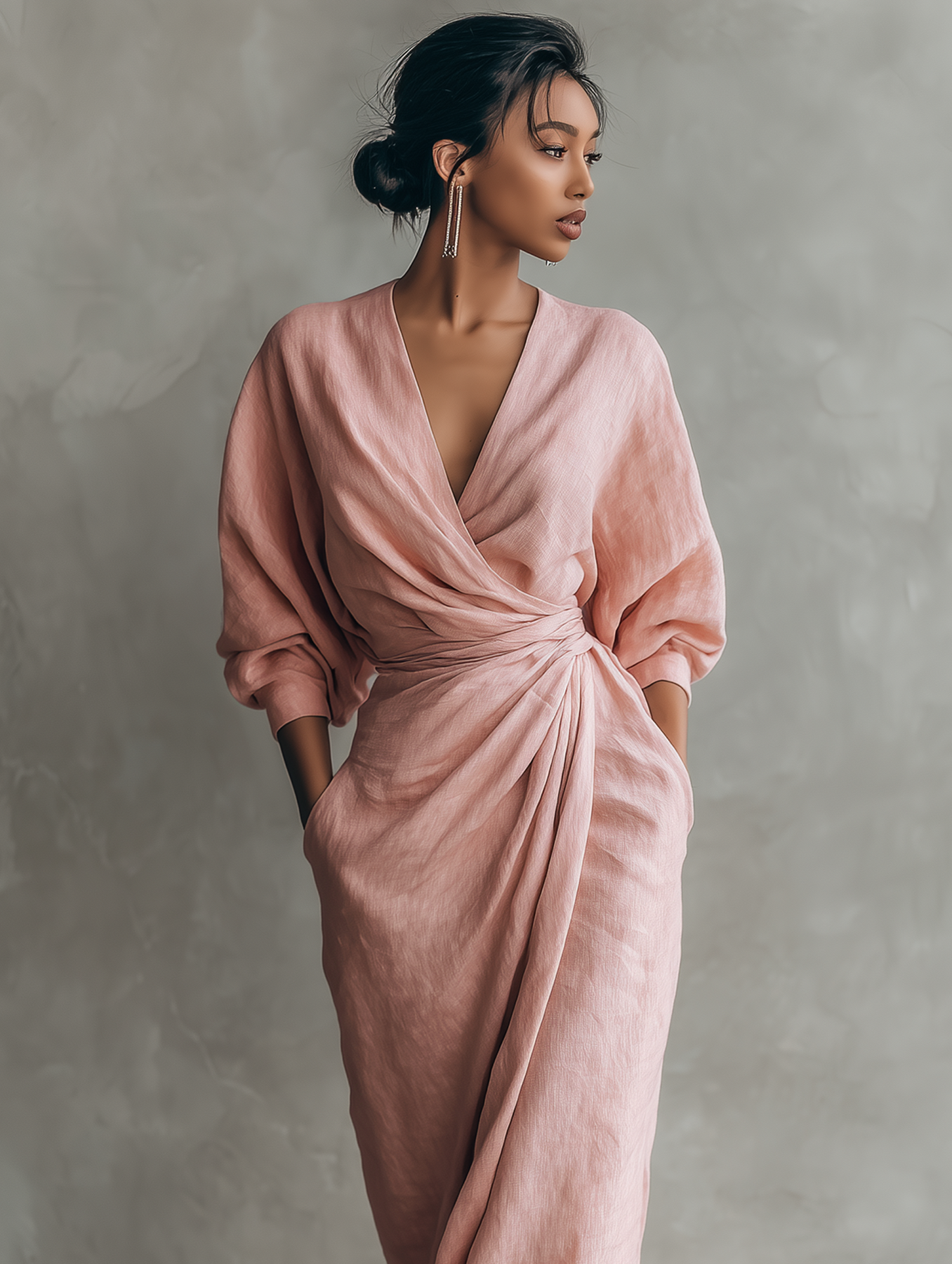 Linen Wrap Maxi Dress for Women Elegant V-Neck Long Sleeve Flowy Gown with Knot Waist and Side Pockets