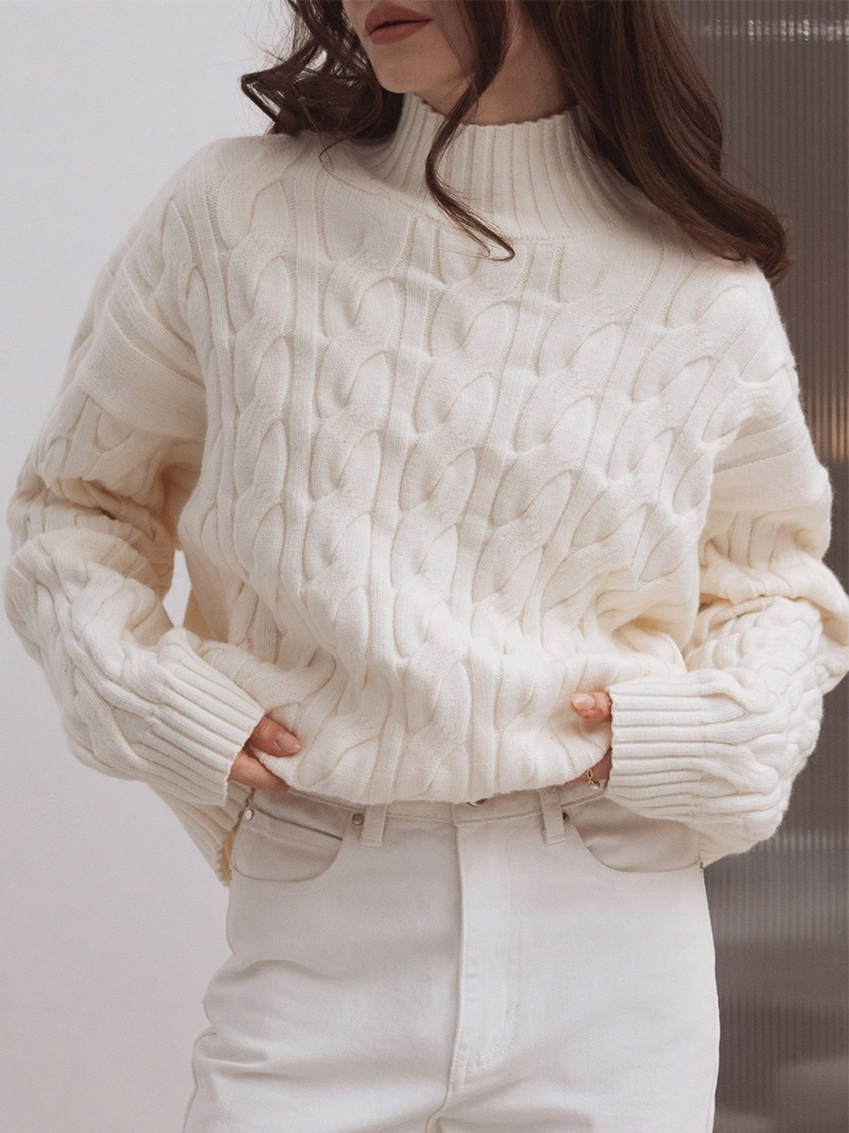 Mock-Neck Cable-Knit Sweater