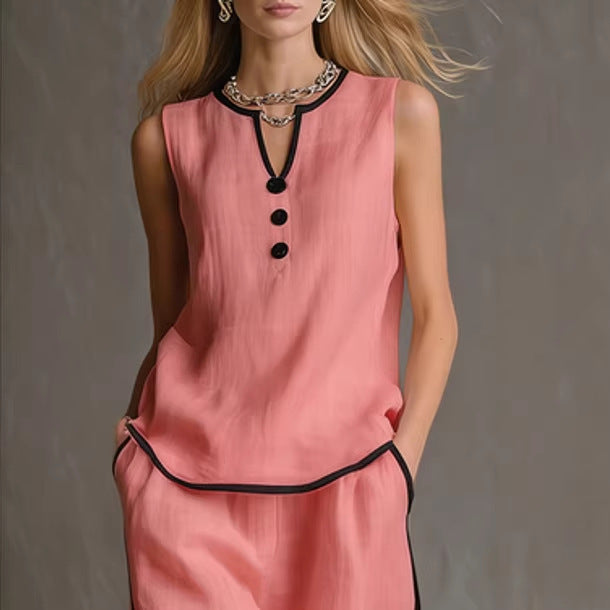 Contrast Trim Linen Sleeveless Top & Wide-Leg Pants Set