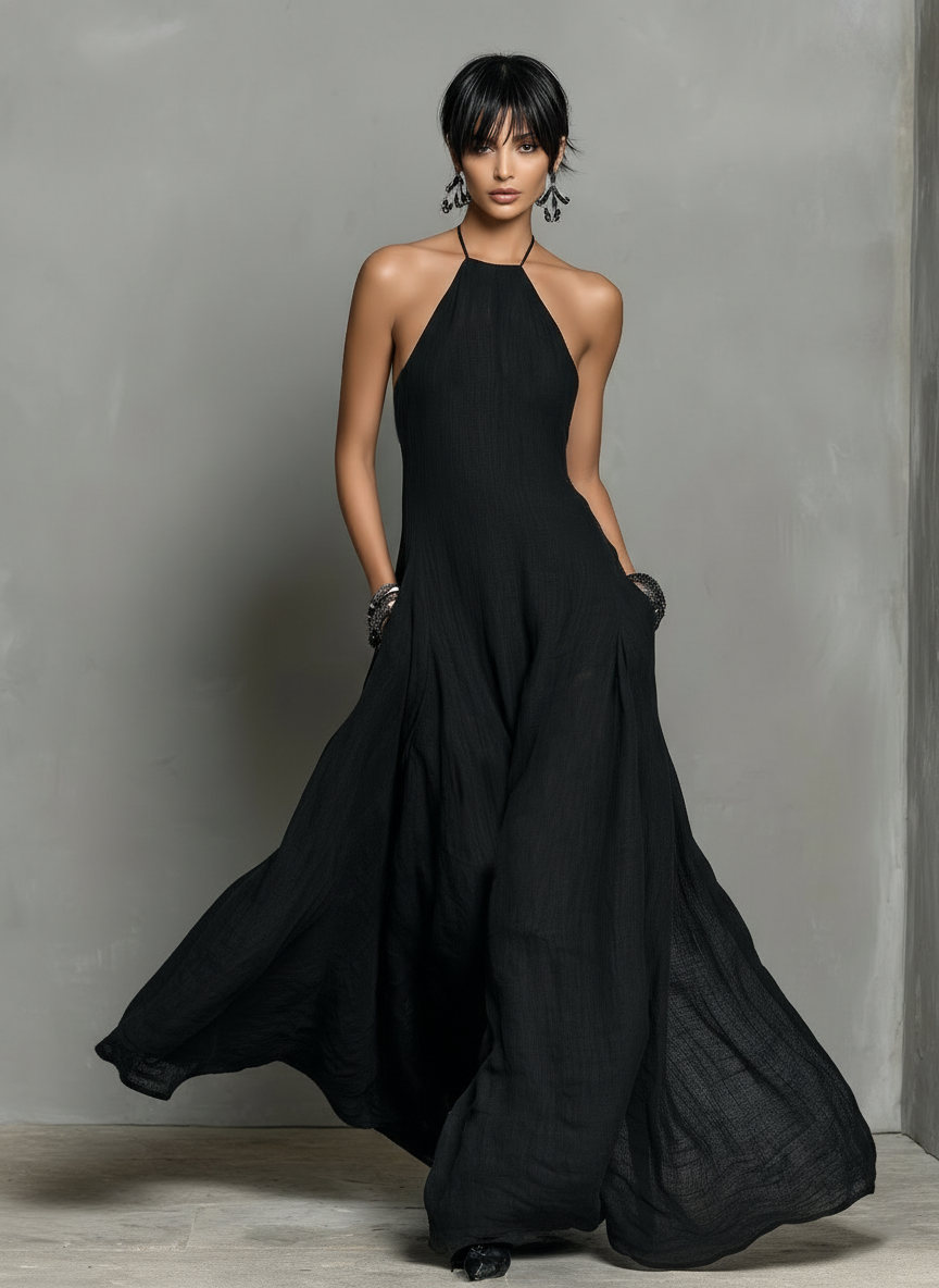 Black Linen Halter Maxi Dress with Flowing Skirt and Side Pockets
