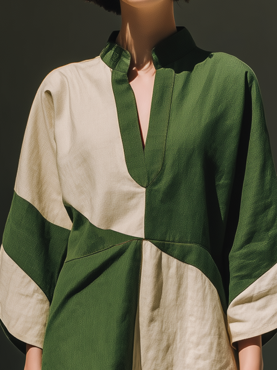 Linen Blend Color-Block Tunic Dress with V-Neck and Wide Sleeves