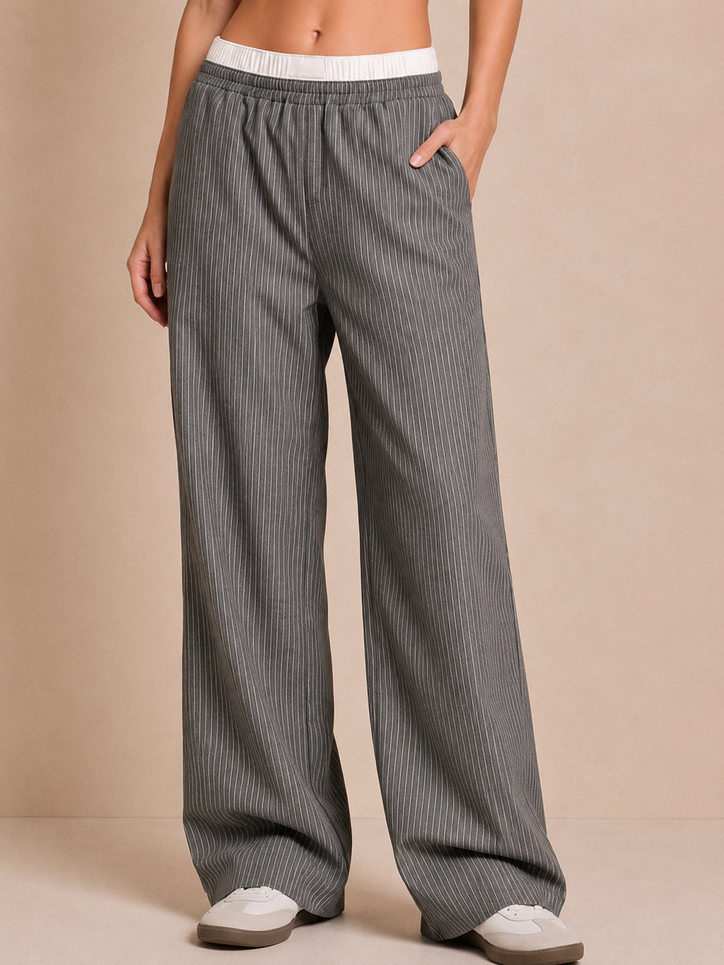 Pink Striped Cotton-Linen Blend Matching Set – Cropped Top & Wide-Leg Pants