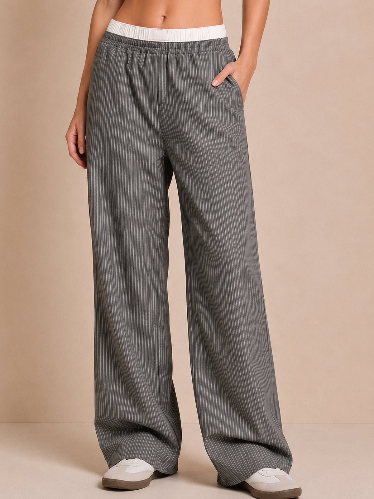 Pink Striped Cotton-Linen Blend Matching Set – Cropped Top & Wide-Leg Pants