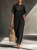 Knitted Cotton Maxi Dress with Loose Fit and Short Sleeve for Women