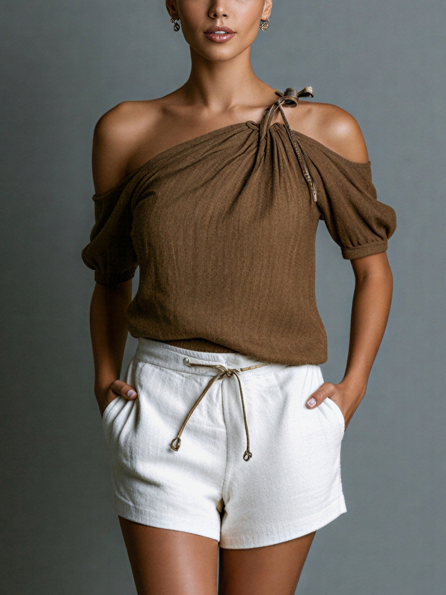 Linen Blend One Shoulder Top with Adjustable Tie Detail
