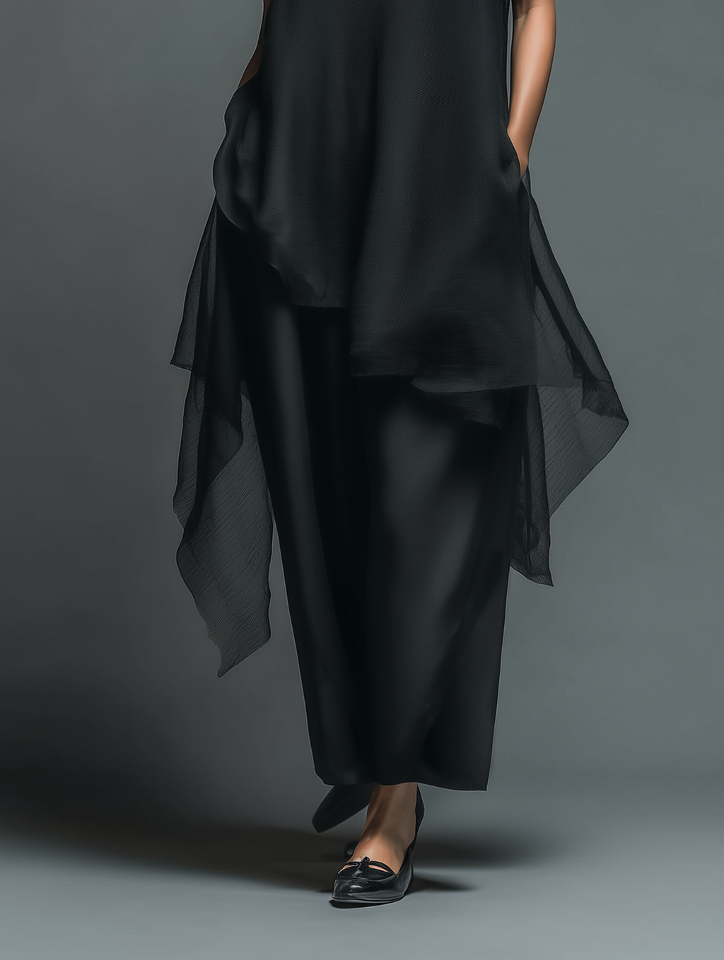 Black Sheer Mesh Sleeveless Dress with High Neck and Asymmetric Hem for Women