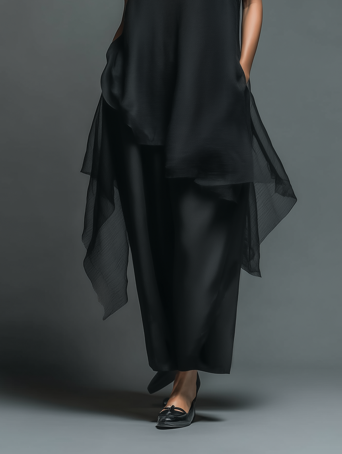 Black Sheer Mesh Sleeveless Dress with High Neck and Asymmetric Hem for Women