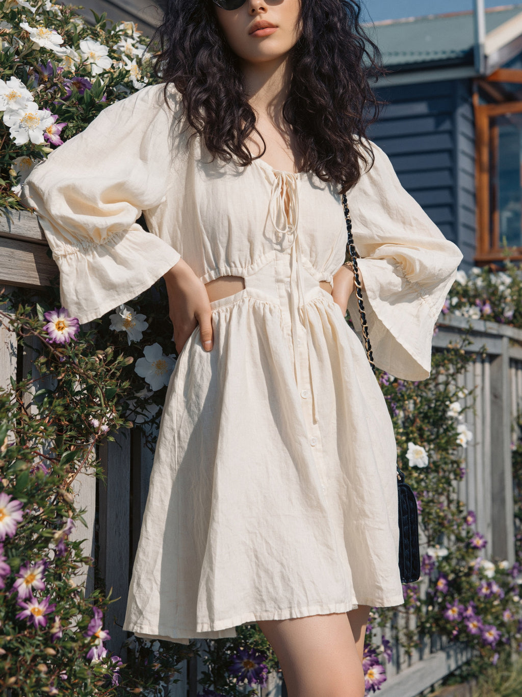 Cotton Linen Blend Loose Fit Square Neck Mini Dress with Puff Sleeves and Cutout Detail