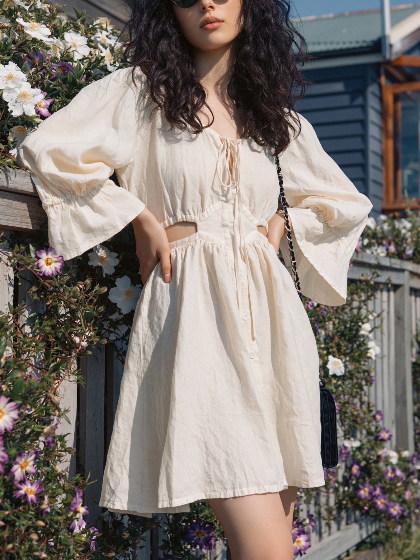 Cotton Linen Blend Loose Fit Square Neck Mini Dress with Puff Sleeves and Cutout Detail