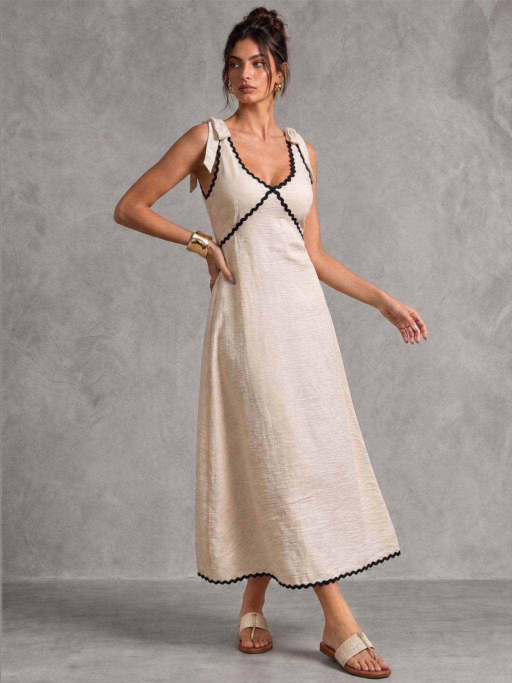 Tie Shoulder Ric Rac Trim Maxi Dress