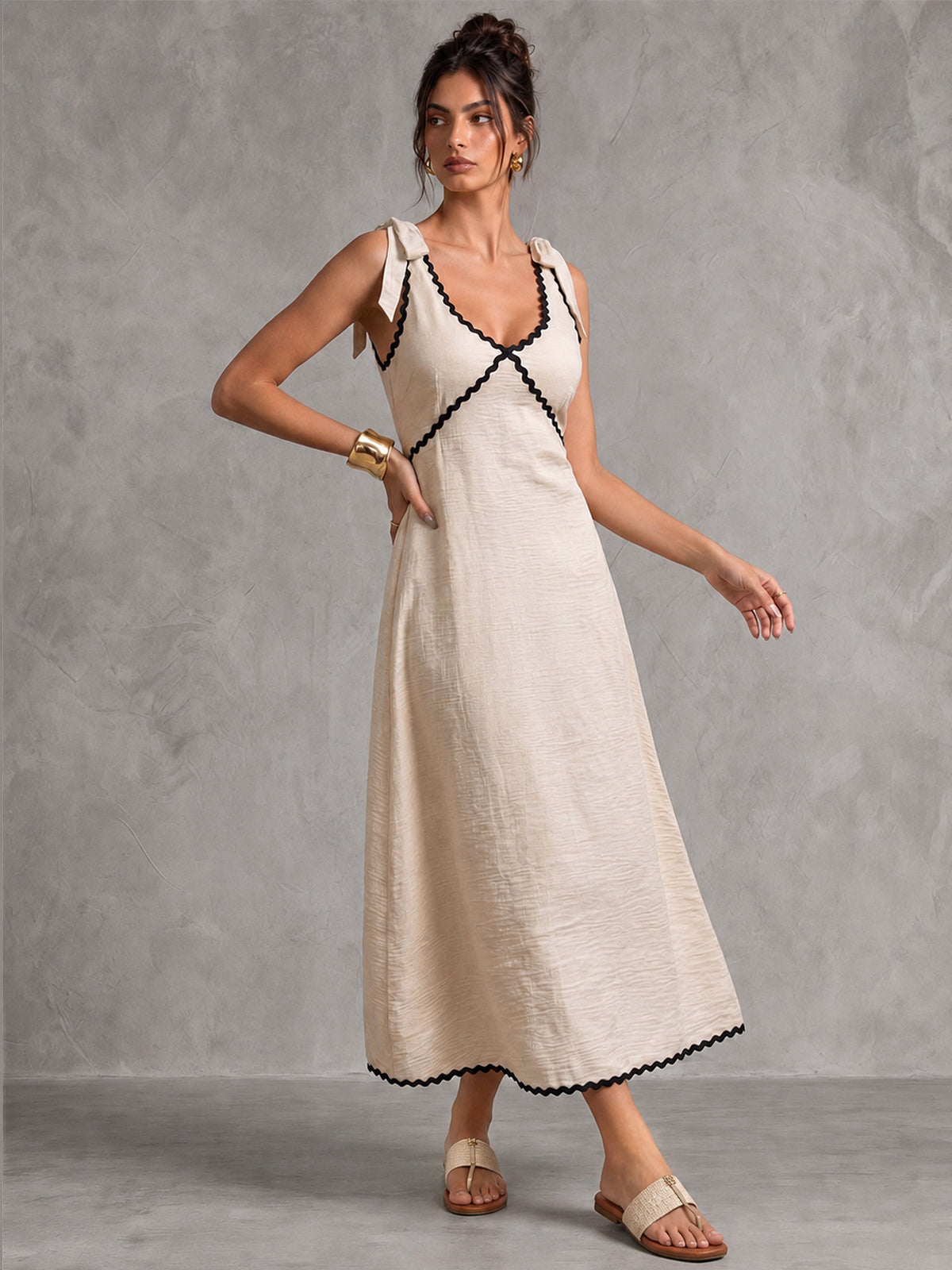 Tie Shoulder Ric Rac Trim Maxi Dress