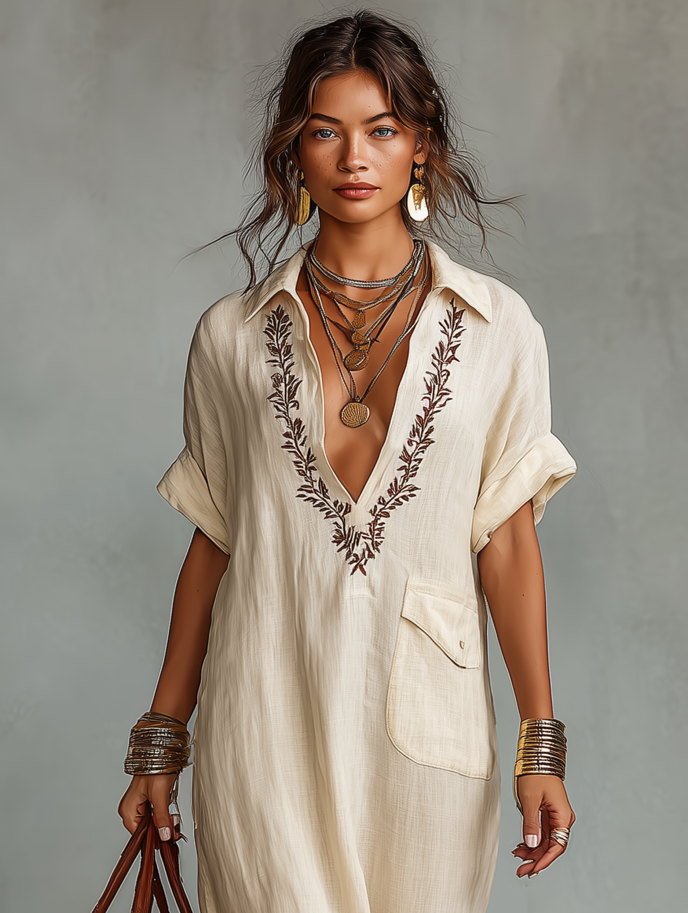 Linen Maxi Dress with Embroidered V-Neck and Pocket Detail