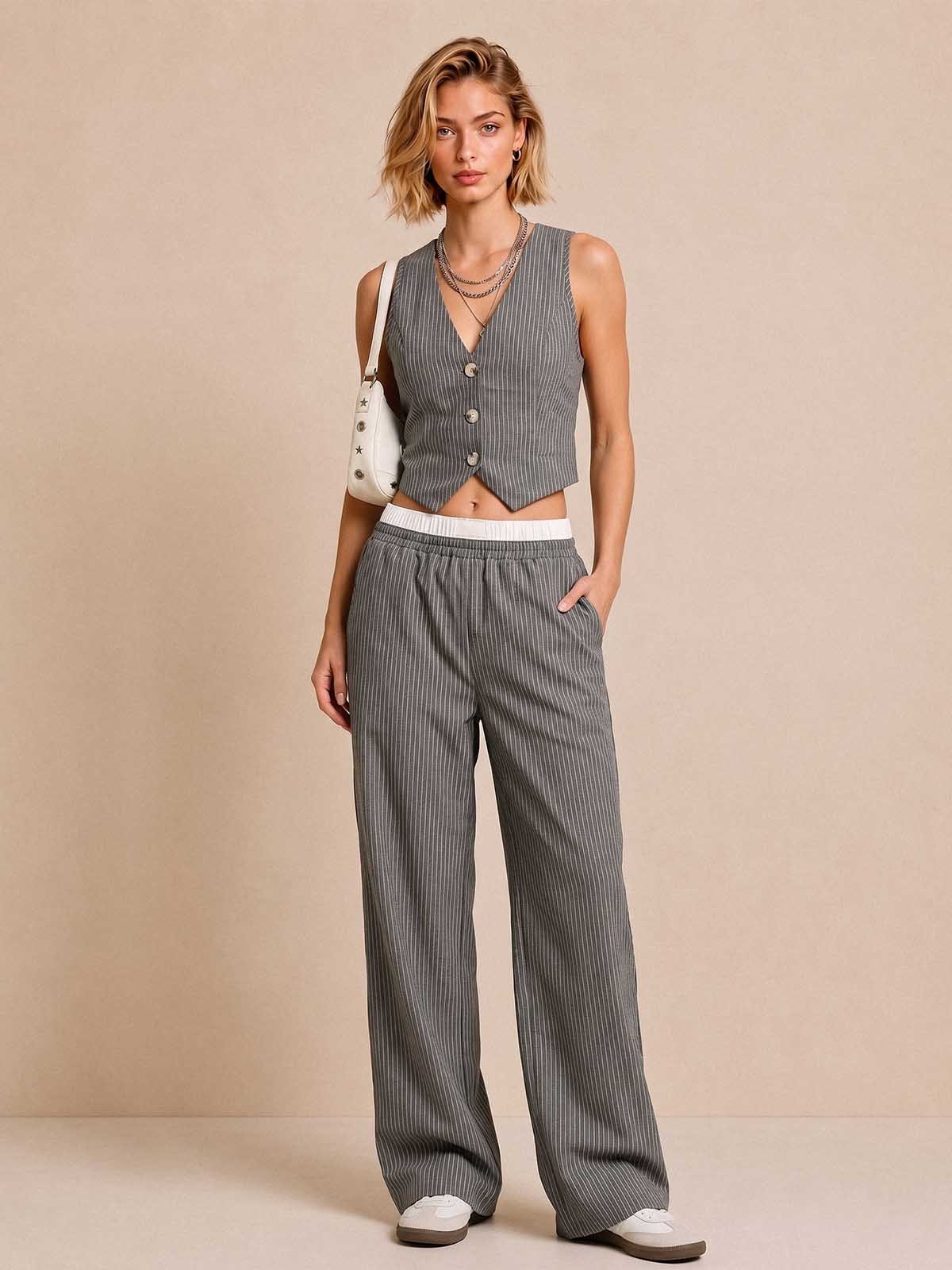 Pink Striped Cotton-Linen Blend Matching Set – Cropped Top & Wide-Leg Pants