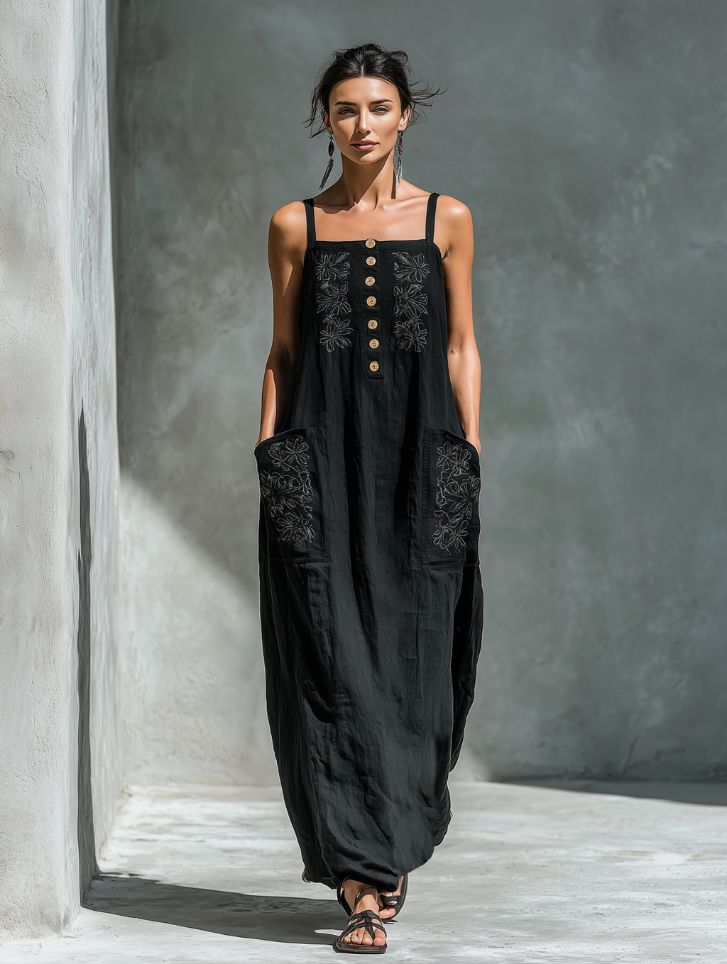 Linen Maxi Dress with Embroidered Floral Design and Button Front for Women