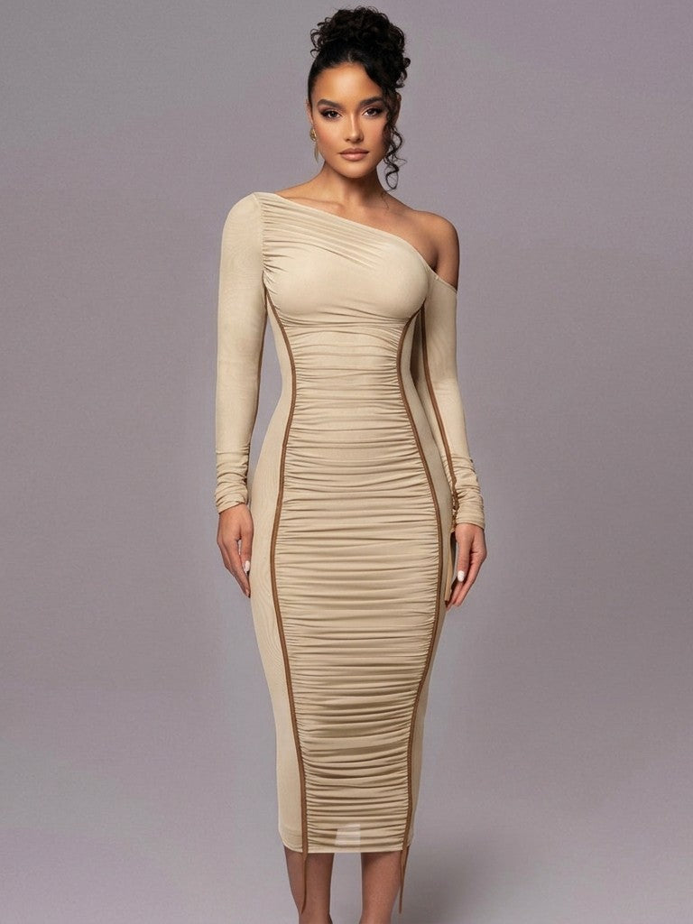 One-Shoulder Mesh Ruched Bodycon Dress