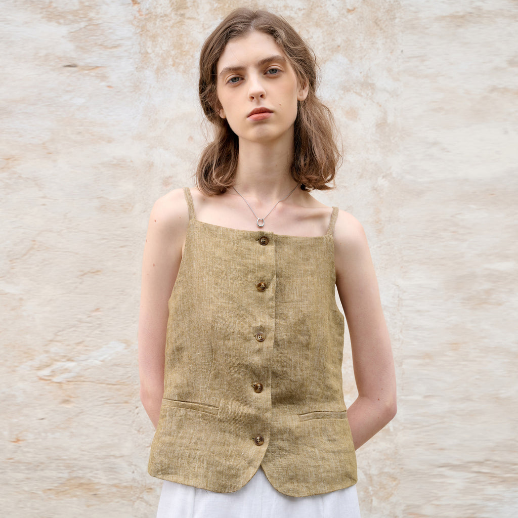 Button-Front Linen Sleeveless Vest