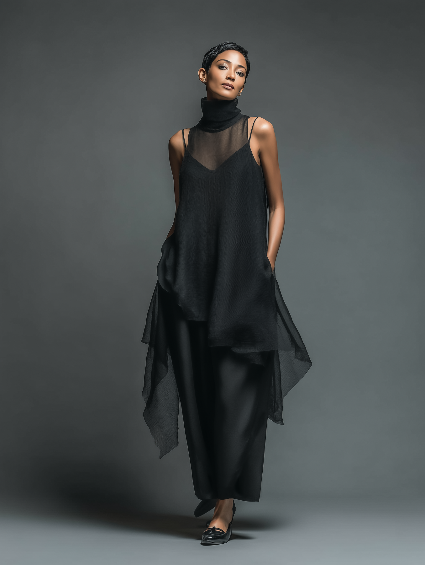 Black Sheer Mesh Sleeveless Dress with High Neck and Asymmetric Hem for Women