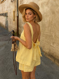 Light Yellow Linen-Blend Sleeveless Mini Dress with Square Neck