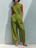 Linen Sleeveless High Neck Jumpsuit with Cuffed Pants and Front Pocket