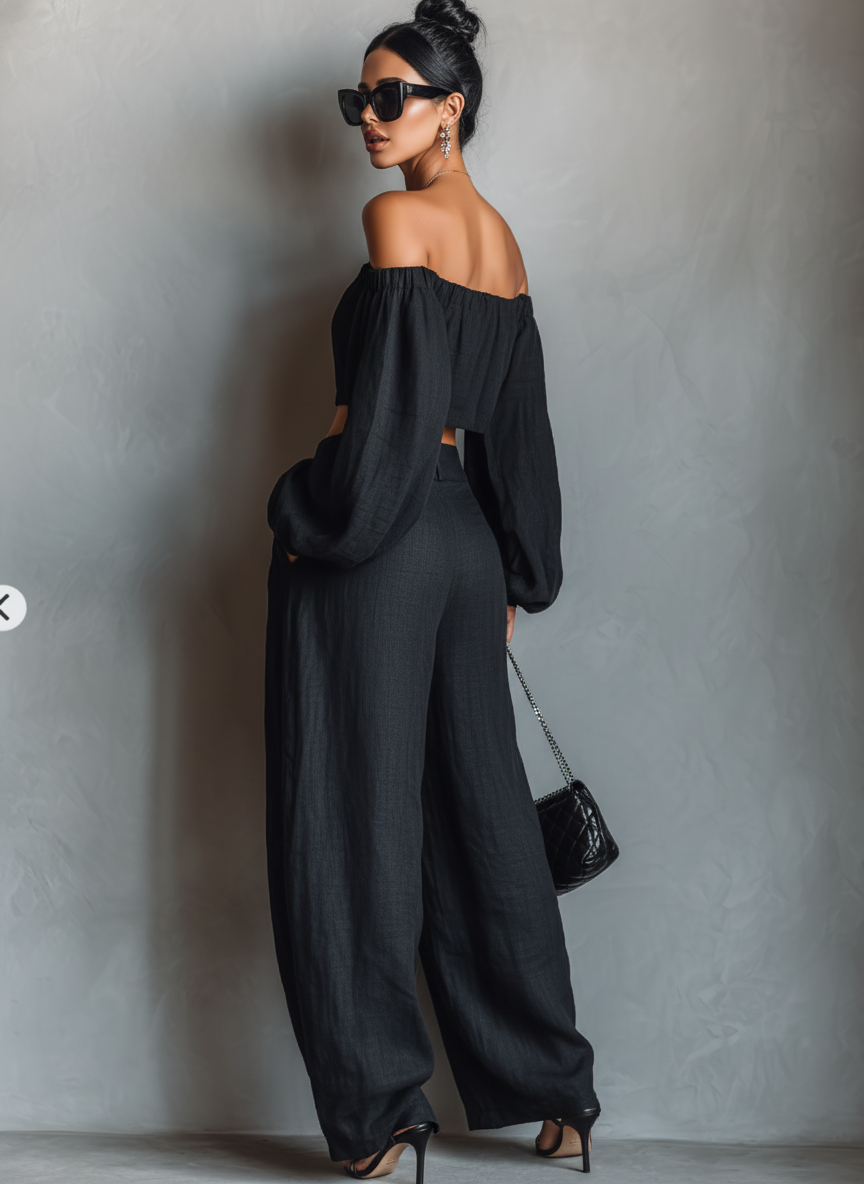 Linen Off-Shoulder Crop Top and Wide Leg Pants Set - Boho Chic Loose Fit Women's Summer Outfit