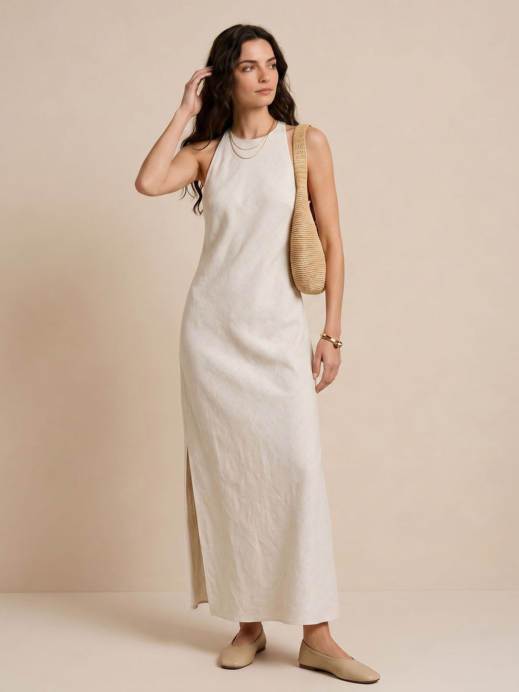 Sleeveless Side Slit Linen Dress