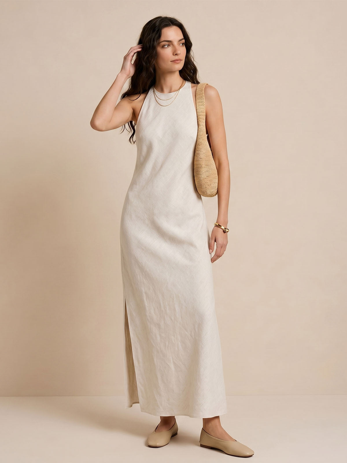 Sleeveless Side Slit Linen Dress