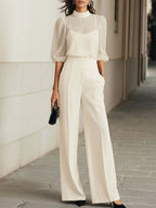 Schwarzes Chiffon-Top und weit geschnittene Hose Dreiteiliges Set
