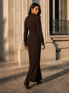 High-Neck Pleated Wrap Maxi Dress
