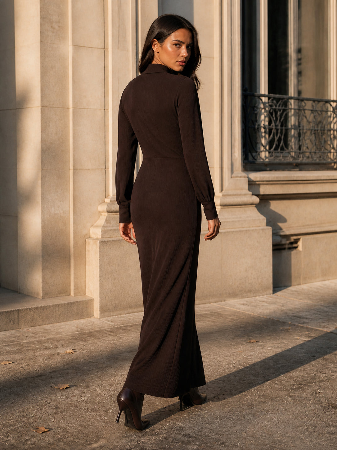 High-Neck Pleated Wrap Maxi Dress