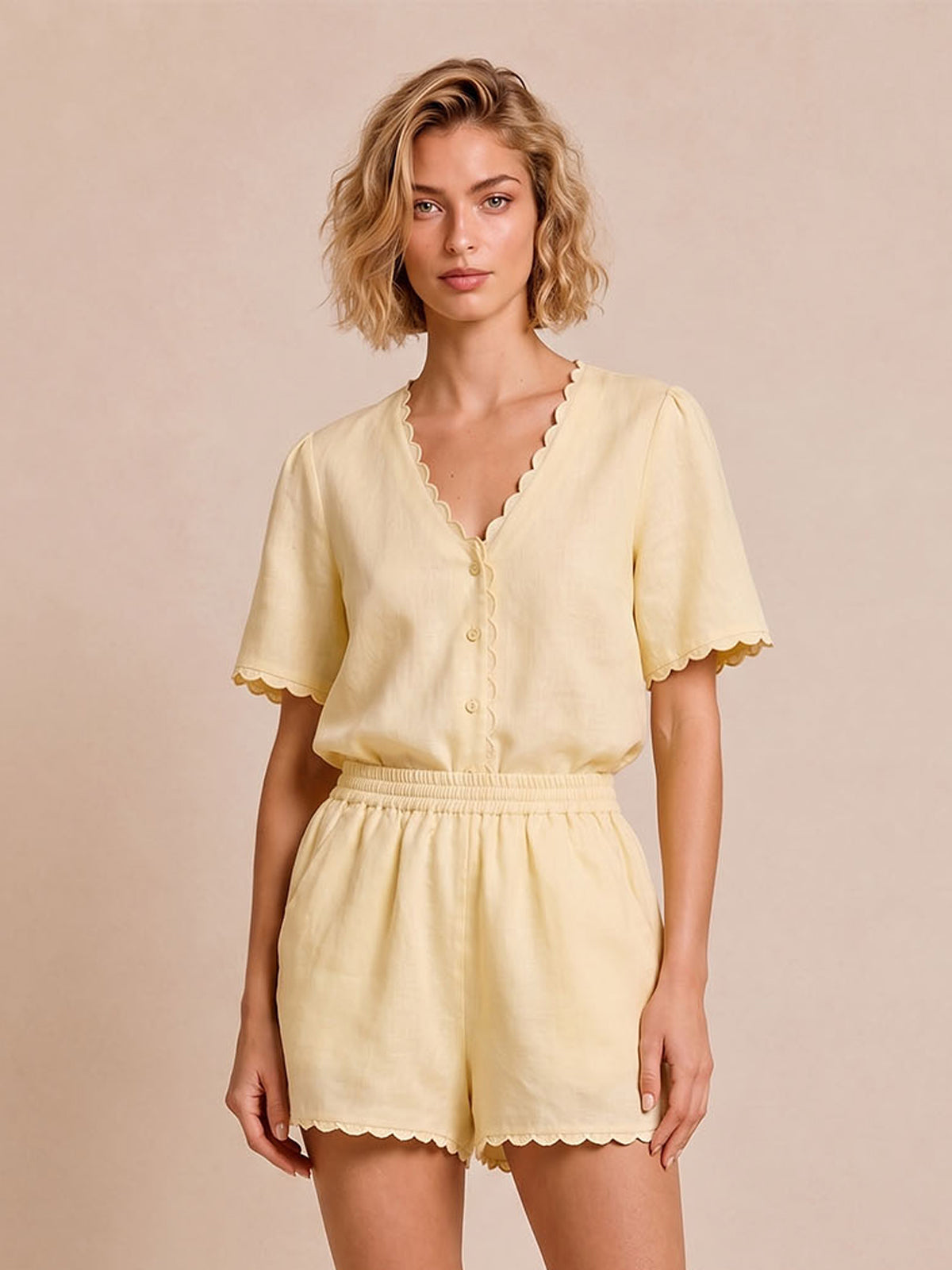 Linen-Blend Scalloped Trim Romper with V-Neck & Elastic Waist