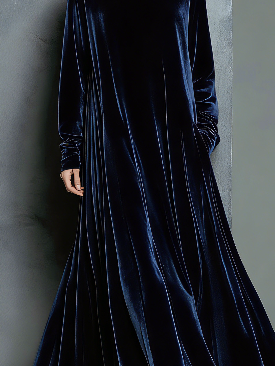 Velvet Long Turtleneck Maxi Dress for Women - Elegant High Neck Floor Length Dress with Flared Hem