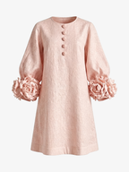 3D Floral Linen Lantern Sleeve Mini Dress