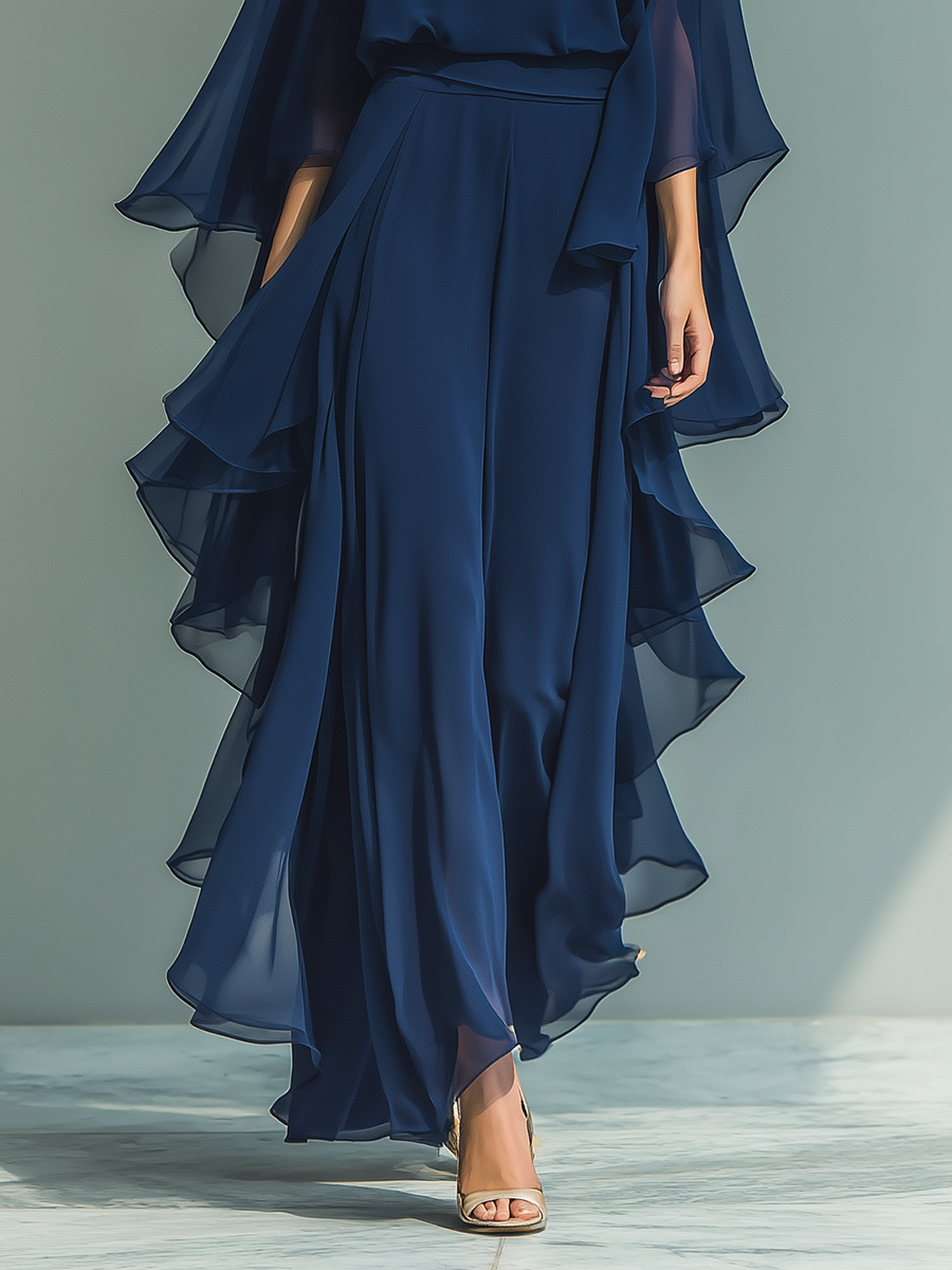 Chiffon Long Sleeve Layered Ruffle Maxi Dress for Women Elegant Navy Blue Formal Evening Gown with Cape Sleeves