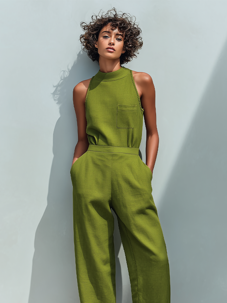 Linen Sleeveless High Neck Jumpsuit with Cuffed Pants and Front Pocket