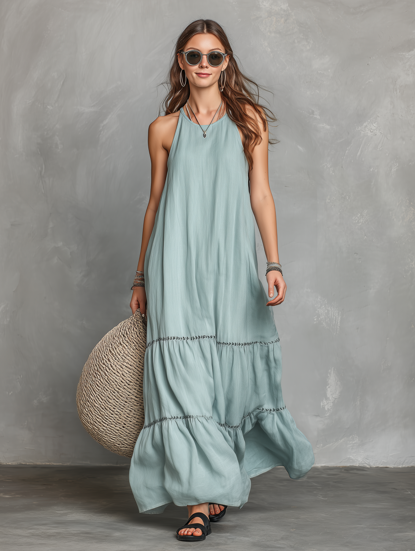 Lightweight Linen Maxi Dress with Tiered Hem and Halter Neckline