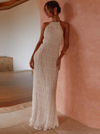 Halter Neck Backless Ruched Maxi Dress
