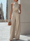 Ribbed Knit Sleeveless Halter Neck Wide Leg Jumpsuit with Belted Waist