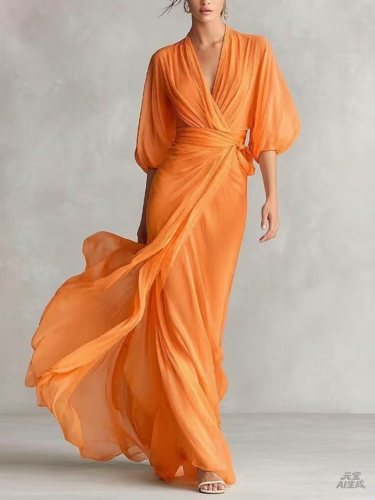 Ruched Wrap V Neck Flowy Maxi Dress