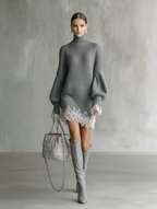 Kaschmir Strick Rollkragenpulloverkleid mit Spitze für Damen Oversized Langarm Wintermode