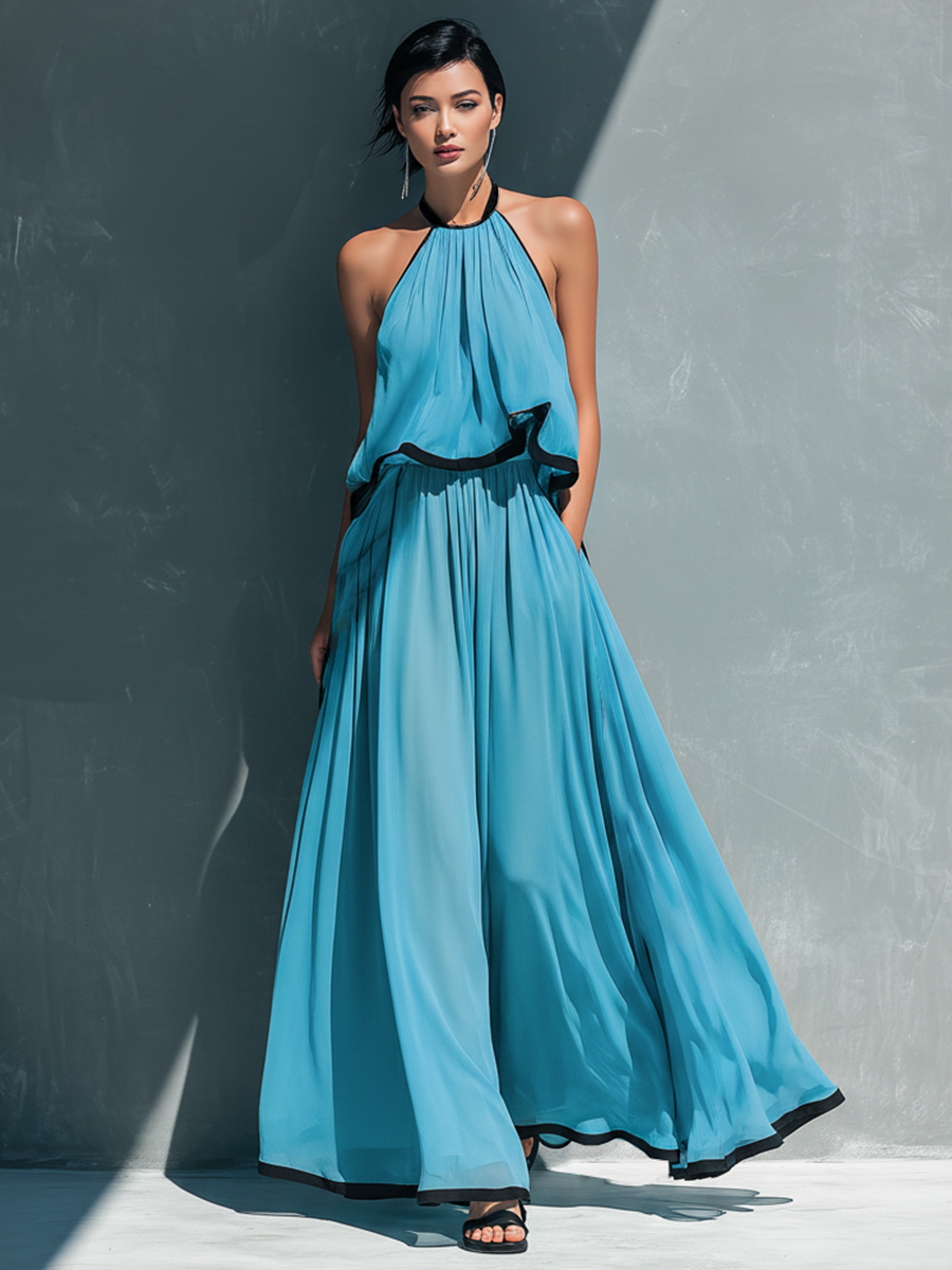 Chiffon Halter Maxi Dress with Black Trim - Flowy Long Beach Party Gown for Women
