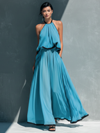 Vestido largo de gasa con escote halter y ribete negro - Vestido largo y fluido para fiestas en la playa para mujer