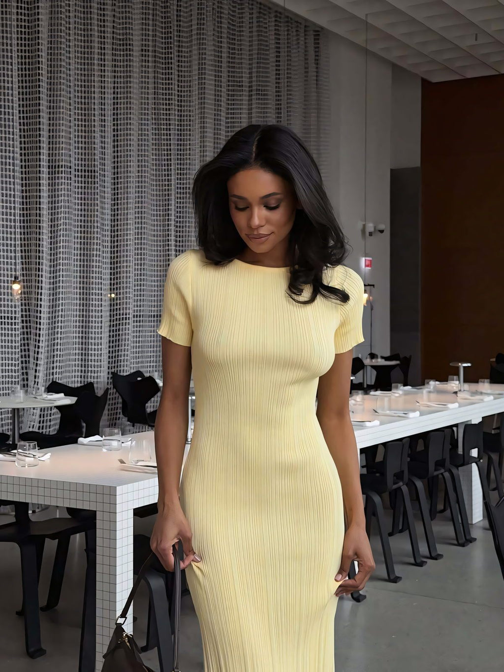Fitted Short-sleeve Midi Knit Dress