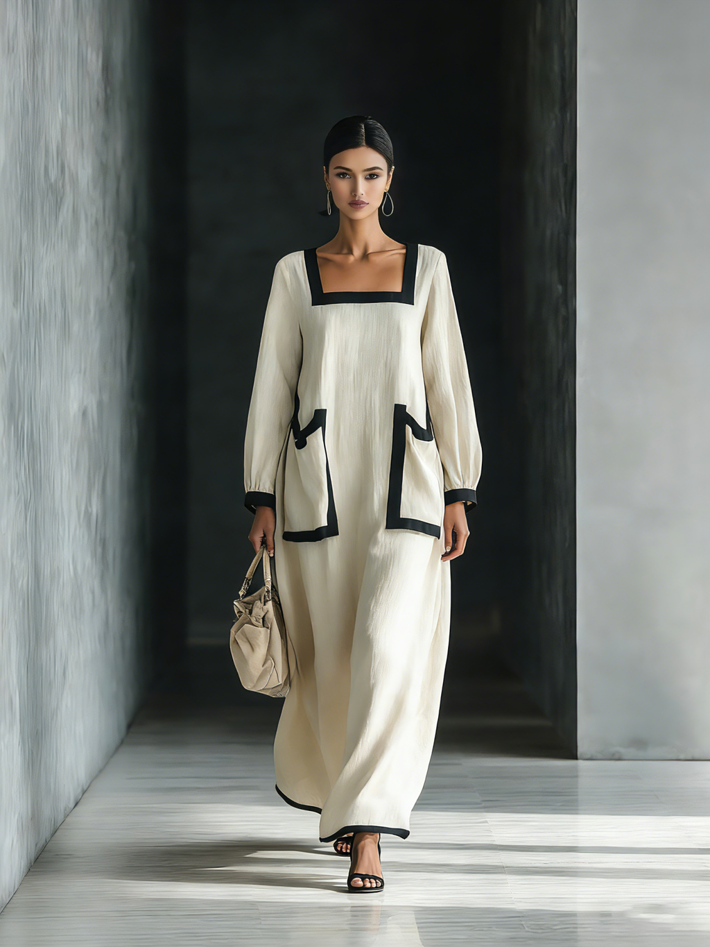 Linen Maxi Dress with Black Trim Square Neckline Long Sleeve Loose Fit Boho Style Women's Summer Dress