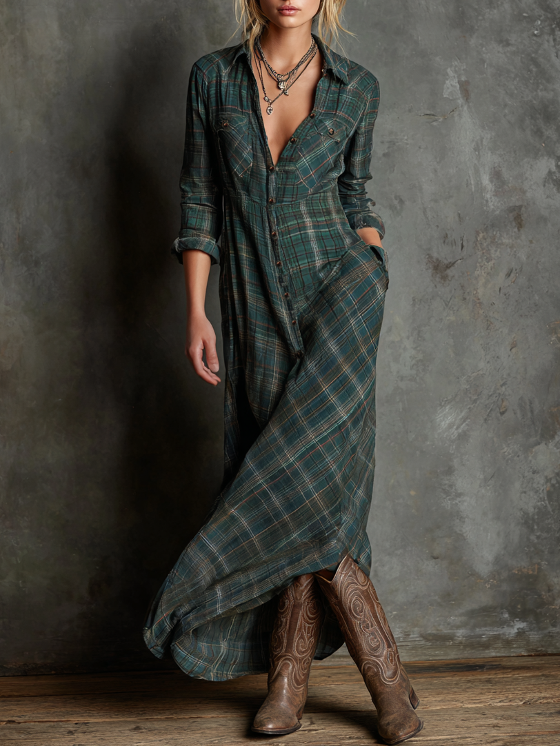 Cotton Plaid Long Shirt Dress with Button-Down Front and Deep V-Neckline