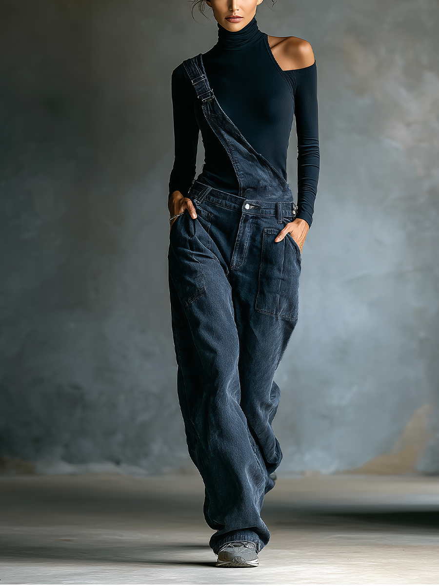 Relaxed Fit Denim Wide Leg Overalls