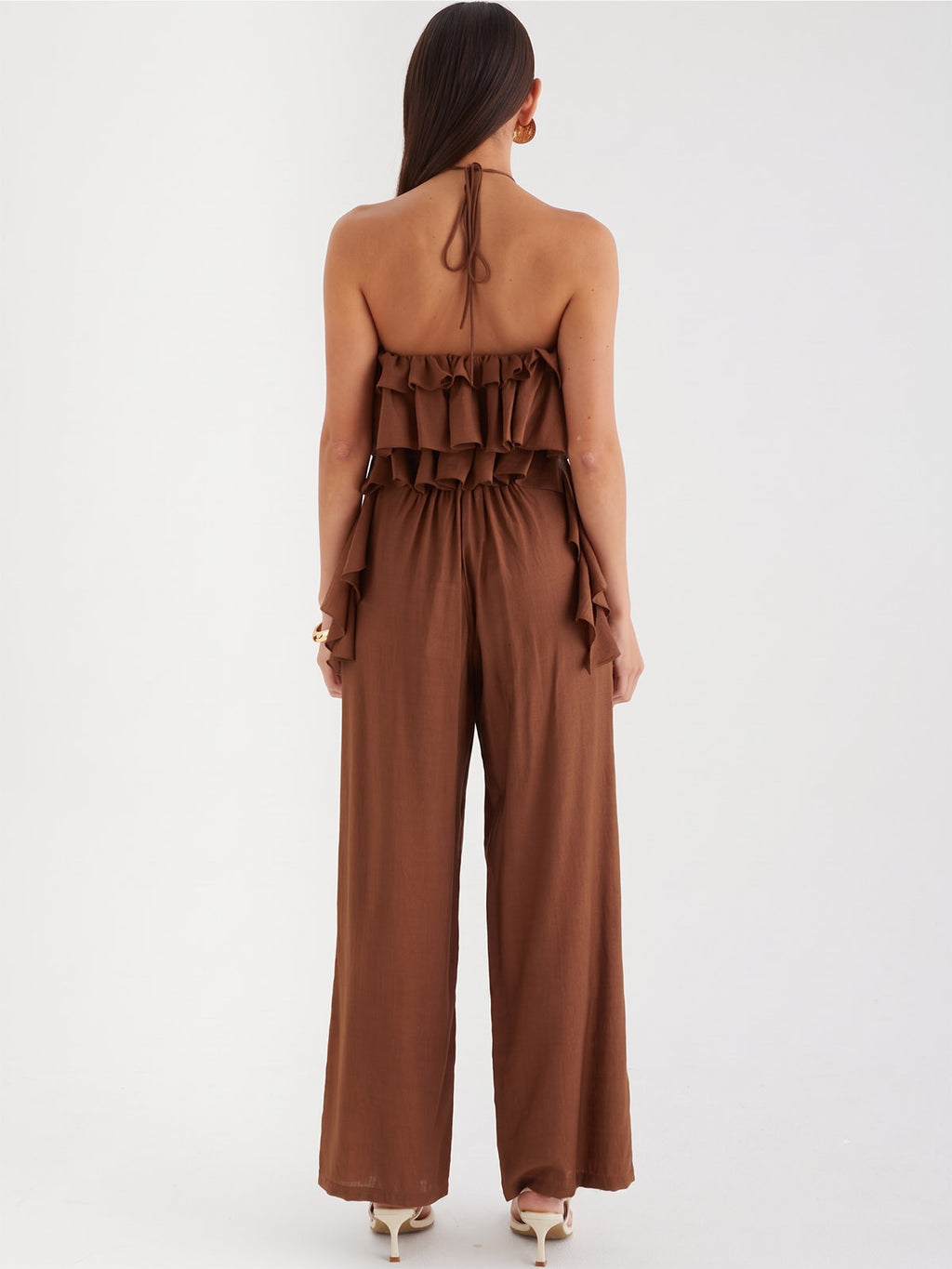 Linen Halter Ruffle Top Wide Leg Set